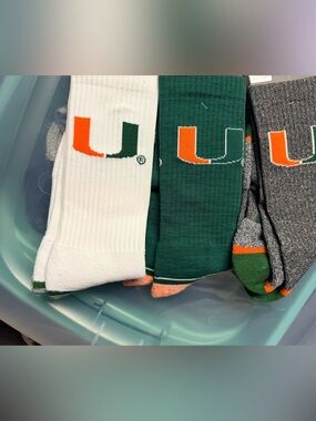 NCAA university of Miami Men's Athletic Crew Socks - Green/Orange/White/Gray